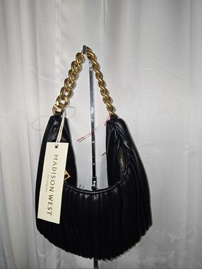 Madison West Black Quilted Hobo Bag with Gold Chain